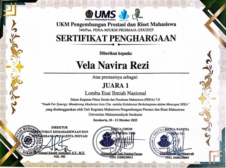 Juara 1 Lomba Esai Ilmiah Nasional yang diselenggarakan oleh Unit Kegiatan Mahasiswa Pengembangan Prestasi dan Riset Mahasiswa Universitas Muhammadiyah Surakarta
